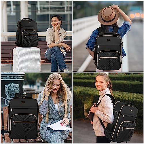 MOMUVO Travel Backpack for Women, Carry On Backpack Flight Approved, Large Anti Theft 17 Inch Laptop Backpack Luggage Backpack with USB Charging Port & Shoe Bag, Black