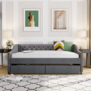 upholstered full daybed with two storage drawers, full size button tufted sofa bed daybed with nailhead trim and wood slat support (grey fabric)
