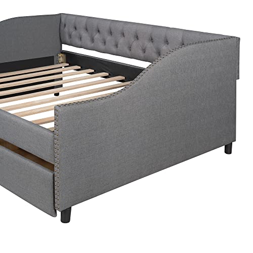 Upholstered Full Daybed with Two Storage Drawers, Full Size Button Tufted Sofa Bed Daybed with Nailhead Trim and Wood Slat Support (Grey Fabric)