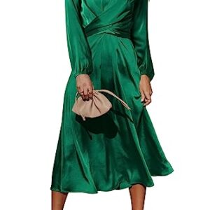 PRETTYGARDEN Women's Fall Fashion 2023 Long Sleeve Satin Dress Tie Back Casual Flowy Midi Dresses (Dark Green,Medium)