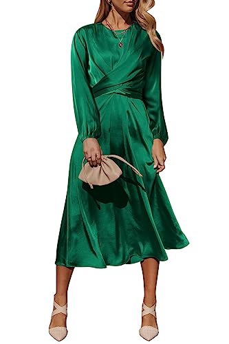 PRETTYGARDEN Women's Fall Fashion 2023 Long Sleeve Satin Dress Tie Back Casual Flowy Midi Dresses (Dark Green,Medium)