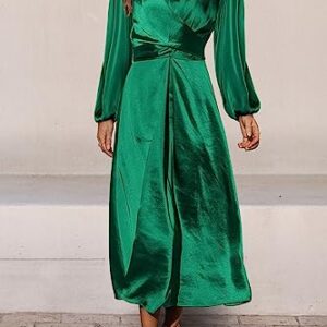 PRETTYGARDEN Women's Fall Fashion 2023 Long Sleeve Satin Dress Tie Back Casual Flowy Midi Dresses (Dark Green,Medium)