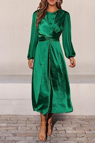 PRETTYGARDEN Women's Fall Fashion 2023 Long Sleeve Satin Dress Tie Back Casual Flowy Midi Dresses (Dark Green,Medium)