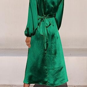 PRETTYGARDEN Women's Fall Fashion 2023 Long Sleeve Satin Dress Tie Back Casual Flowy Midi Dresses (Dark Green,Medium)