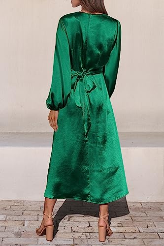 PRETTYGARDEN Women's Fall Fashion 2023 Long Sleeve Satin Dress Tie Back Casual Flowy Midi Dresses (Dark Green,Medium)