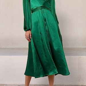 PRETTYGARDEN Women's Fall Fashion 2023 Long Sleeve Satin Dress Tie Back Casual Flowy Midi Dresses (Dark Green,Medium)