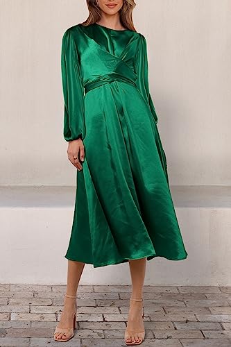 PRETTYGARDEN Women's Fall Fashion 2023 Long Sleeve Satin Dress Tie Back Casual Flowy Midi Dresses (Dark Green,Medium)