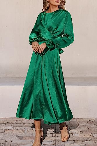 PRETTYGARDEN Women's Fall Fashion 2023 Long Sleeve Satin Dress Tie Back Casual Flowy Midi Dresses (Dark Green,Medium)