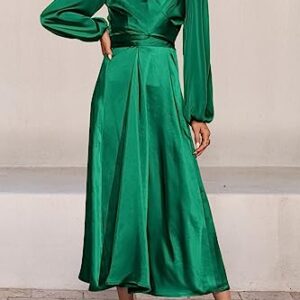 PRETTYGARDEN Women's Fall Fashion 2023 Long Sleeve Satin Dress Tie Back Casual Flowy Midi Dresses (Dark Green,Medium)