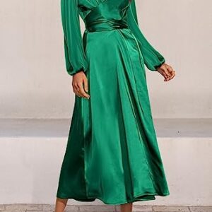 PRETTYGARDEN Women's Fall Fashion 2023 Long Sleeve Satin Dress Tie Back Casual Flowy Midi Dresses (Dark Green,Medium)