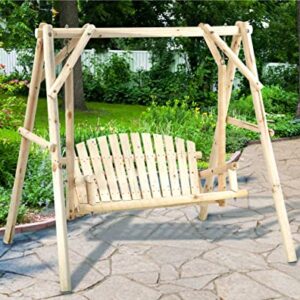 Wooden Porch Swing with Stand, 2-Seat Porch Swings Outdoor Log Patio Swing Chair, A-Frame Garden Swing Seat Outdoor Swing for Adults/Kids Patio Backyard Deck, Capacity 450 LBS, Natural Wood