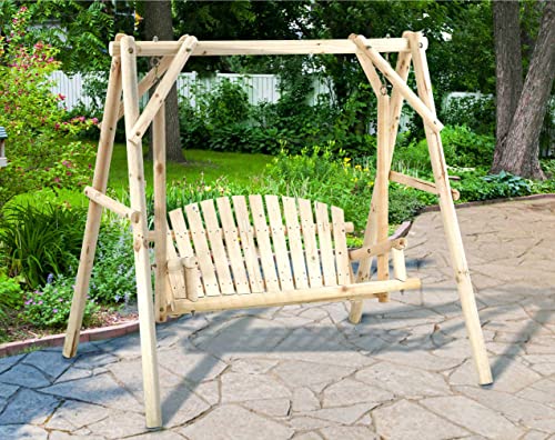 Wooden Porch Swing with Stand, 2-Seat Porch Swings Outdoor Log Patio Swing Chair, A-Frame Garden Swing Seat Outdoor Swing for Adults/Kids Patio Backyard Deck, Capacity 450 LBS, Natural Wood