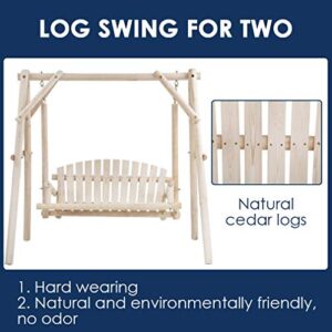 Wooden Porch Swing with Stand, 2-Seat Porch Swings Outdoor Log Patio Swing Chair, A-Frame Garden Swing Seat Outdoor Swing for Adults/Kids Patio Backyard Deck, Capacity 450 LBS, Natural Wood