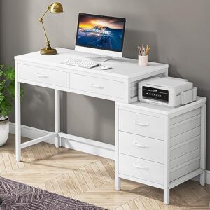 tribesigns computer desk with 5 drawers, home office desks with reversible drawer cabinet printer stand, industrial pc desk with storage, white study writing table workstation for small spaces