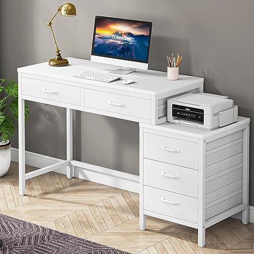 Tribesigns Computer Desk with 5 Drawers, Home Office Desks with Reversible Drawer Cabinet Printer Stand, Industrial PC Desk with Storage, White Study Writing Table Workstation for Small Spaces