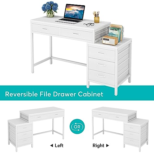 Tribesigns Computer Desk with 5 Drawers, Home Office Desks with Reversible Drawer Cabinet Printer Stand, Industrial PC Desk with Storage, White Study Writing Table Workstation for Small Spaces