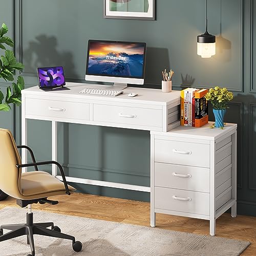 Tribesigns Computer Desk with 5 Drawers, Home Office Desks with Reversible Drawer Cabinet Printer Stand, Industrial PC Desk with Storage, White Study Writing Table Workstation for Small Spaces