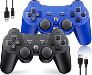 okhaha controller for ps3 controller wireless for sony playstation 3 controller, double shock 3, rechargeable, motion sensor, remote for ps3, 2 usb charging cords, 2 pack, stripes, black + blue