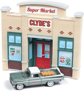 1959 chevy el camino pickup truck green and resin store front facade weekly manager specials diorama 1/64 diecast model by johnny lightning jldr003-elcam