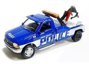 1999 f-450 police tow truck blue with white stripes active duty limited edition to 2,400 pieces worldwide 1/64 diecast model by johnny lightning jlcp7255