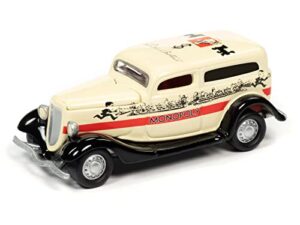 1933 panel delivery truck yellow with red stripe and game token 85th anniversary series 1/64 diecast model car by johnny lightning jlpc001-jlsp093