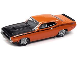1970 plymouth aar barracuda vitamin c orange with black stripes and hood and collector tin limited edition to 4540 pieces worldwide 1/64 diecast model car by johnny lightning jlct005-jlsp108a