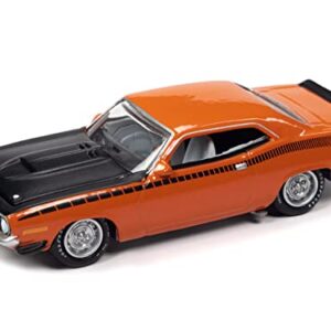 1970 Plymouth AAR Barracuda Vitamin C Orange with Black Stripes and Hood and Collector Tin Limited Edition to 4540 Pieces Worldwide 1/64 Diecast Model Car by Johnny Lightning JLCT005-JLSP108A