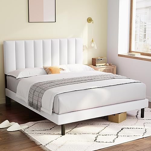 Molblly Queen Size Bed Frame Upholstered Platform with Headboard and Strong Wooden Slats,Mattress Foundation,Non-Slip and Noise-Free,No Box Spring Needed, Easy Assembly,White