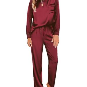 Ekouaer Womens Silk Satin Pajamas Loungewear Two Piece Sleep Set Silk Pjs for Women Winter Long Sleeve Sleepwear Pajamas Set Red S