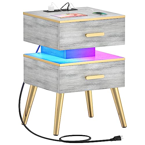 Cyclysio Night Stand with Charging Station, Modern Nightstand Bedside Tables with Led Lights, Bed Side Table Night Stand with Drawers for Bedroom and Sofa Side, 25'' Tall, White Oak Wood Finish