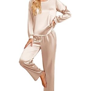 Ekouaer Silk Pjs Set Soft Two Piece Sleepwear Silk Satin Pajamas Long Sleeve Comfy Lounge Sets for Women 2 Piece Pajamas Champagne M