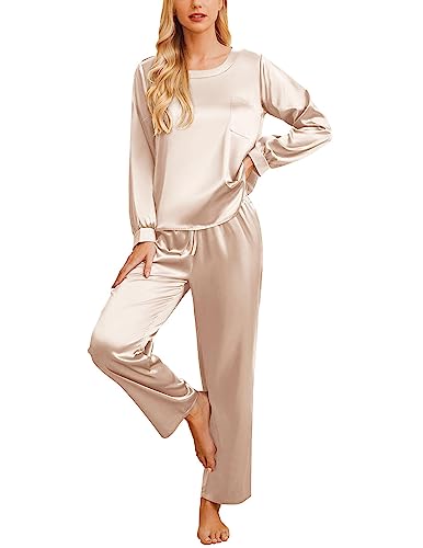 Ekouaer Silk Pjs Set Soft Two Piece Sleepwear Silk Satin Pajamas Long Sleeve Comfy Lounge Sets for Women 2 Piece Pajamas Champagne M