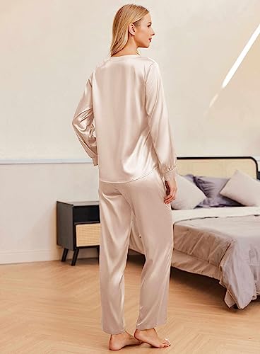 Ekouaer Silk Pjs Set Soft Two Piece Sleepwear Silk Satin Pajamas Long Sleeve Comfy Lounge Sets for Women 2 Piece Pajamas Champagne M