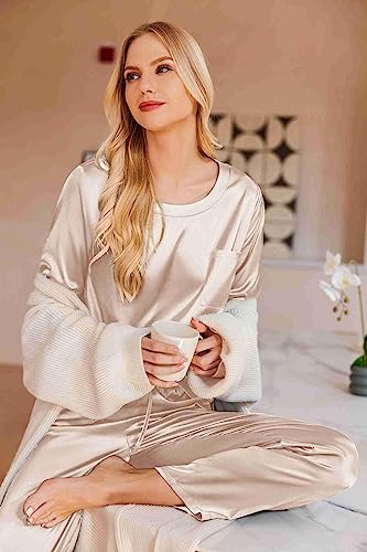 Ekouaer Silk Pjs Set Soft Two Piece Sleepwear Silk Satin Pajamas Long Sleeve Comfy Lounge Sets for Women 2 Piece Pajamas Champagne M