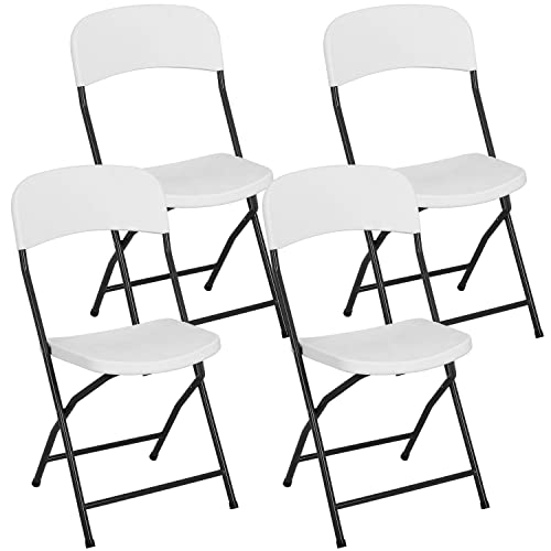 PayLessHere Folding Chairs Set of 4 Plastic Chairs Portable Foldable Metal Folding Chairs with Metal Frame HDPE Backrest and Seat Cushion 265 LBS Capacity for Indoor Use, White