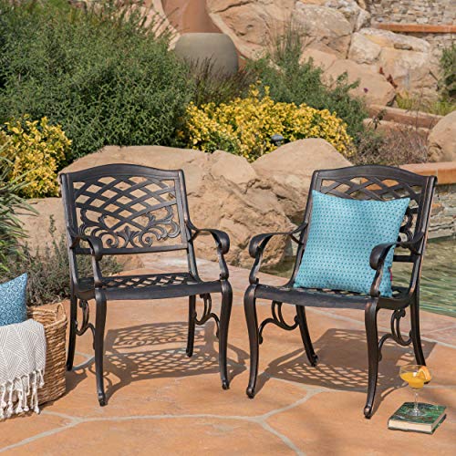Christopher Knight Home Outdoor Expandable Patio Dining Table, 64"-81", Cast Aluminum, Shiny Copper & Myrtle Beach Outdoor Aluminum Dining Chairs, 2-Pcs Set, Shiny Copper