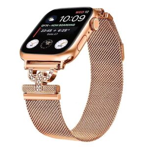 dniieo metal bands compatible with apple watch bands 38mm 40mm 41mm 42mm 44mm 45mm 49mm, stainless steel mesh loop strap with d-shape diamonds for iwatch series ultra 8 7 6 5 4 3 2 se 1 for women (rose gold, 38/40/41mm)