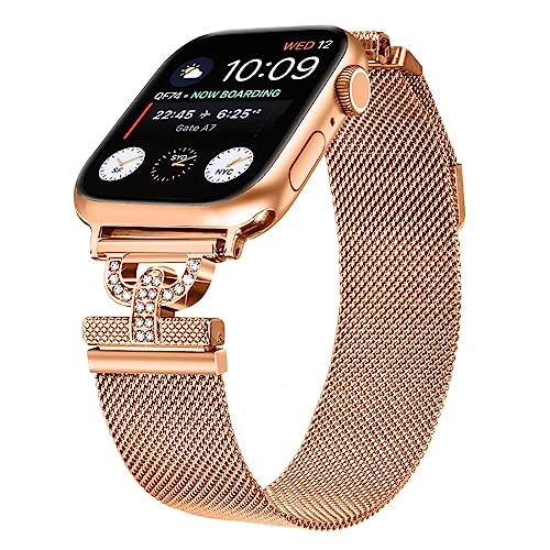 Dniieo Metal Bands Compatible with Apple Watch Bands 38mm 40mm 41mm 42mm 44mm 45mm 49mm, Stainless Steel Mesh Loop Strap with D-Shape Diamonds for iWatch Series Ultra 8 7 6 5 4 3 2 SE 1 for Women (Rose Gold, 38/40/41mm)