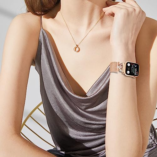 Dniieo Metal Bands Compatible with Apple Watch Bands 38mm 40mm 41mm 42mm 44mm 45mm 49mm, Stainless Steel Mesh Loop Strap with D-Shape Diamonds for iWatch Series Ultra 8 7 6 5 4 3 2 SE 1 for Women (Rose Gold, 38/40/41mm)