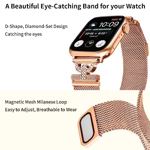 Dniieo Metal Bands Compatible with Apple Watch Bands 38mm 40mm 41mm 42mm 44mm 45mm 49mm, Stainless Steel Mesh Loop Strap with D-Shape Diamonds for iWatch Series Ultra 8 7 6 5 4 3 2 SE 1 for Women (Rose Gold, 38/40/41mm)