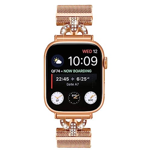 Dniieo Metal Bands Compatible with Apple Watch Bands 38mm 40mm 41mm 42mm 44mm 45mm 49mm, Stainless Steel Mesh Loop Strap with D-Shape Diamonds for iWatch Series Ultra 8 7 6 5 4 3 2 SE 1 for Women (Rose Gold, 38/40/41mm)