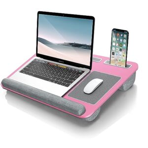 gimars home office lap desk fits up to 17 inches laptop with dual cushion,wrist rest, built-in mouse pad, tablet phone holder and storage drawer, pink