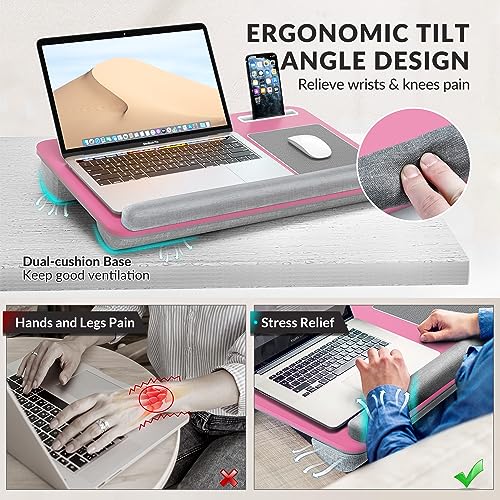 Gimars Home Office Lap Desk Fits up to 17 Inches Laptop with Dual Cushion,Wrist Rest, Built-in Mouse Pad, Tablet Phone Holder and Storage Drawer, Pink