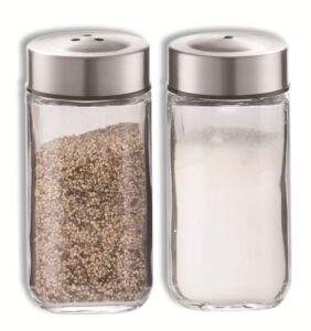 j&m design salt and pepper shakers set glass bottle stainless steel lid for kitchen tabletop spice seasoning or travel set of 2 refillable jar dispenser container shaker