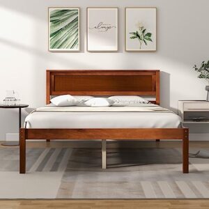 giantex wood full platform bed with headboard, mid century solid wood bed frame with wood slat support, wooden mattress foundation with 12" under bed storage for bedroom, easy assembly, walnut