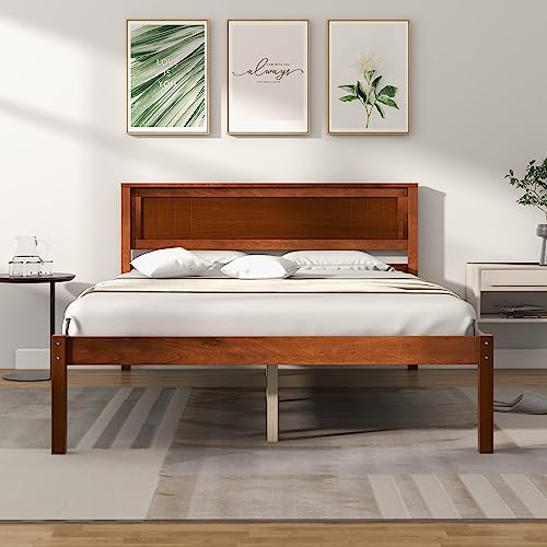 Giantex Wood Full Platform Bed with Headboard, Mid Century Solid Wood Bed Frame with Wood Slat Support, Wooden Mattress Foundation with 12" Under Bed Storage for Bedroom, Easy Assembly, Walnut