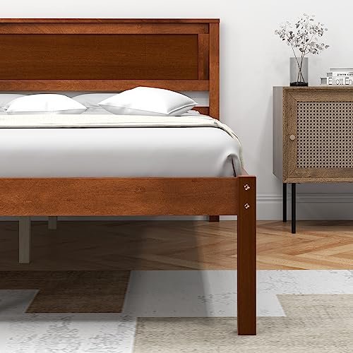 Giantex Wood Full Platform Bed with Headboard, Mid Century Solid Wood Bed Frame with Wood Slat Support, Wooden Mattress Foundation with 12" Under Bed Storage for Bedroom, Easy Assembly, Walnut