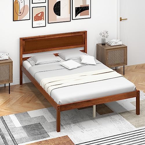 Giantex Wood Full Platform Bed with Headboard, Mid Century Solid Wood Bed Frame with Wood Slat Support, Wooden Mattress Foundation with 12" Under Bed Storage for Bedroom, Easy Assembly, Walnut