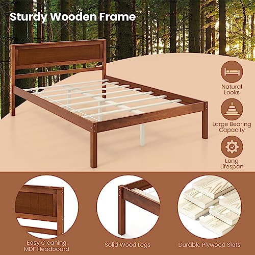 Giantex Wood Full Platform Bed with Headboard, Mid Century Solid Wood Bed Frame with Wood Slat Support, Wooden Mattress Foundation with 12" Under Bed Storage for Bedroom, Easy Assembly, Walnut