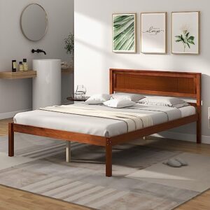 Giantex Wood Full Platform Bed with Headboard, Mid Century Solid Wood Bed Frame with Wood Slat Support, Wooden Mattress Foundation with 12" Under Bed Storage for Bedroom, Easy Assembly, Walnut